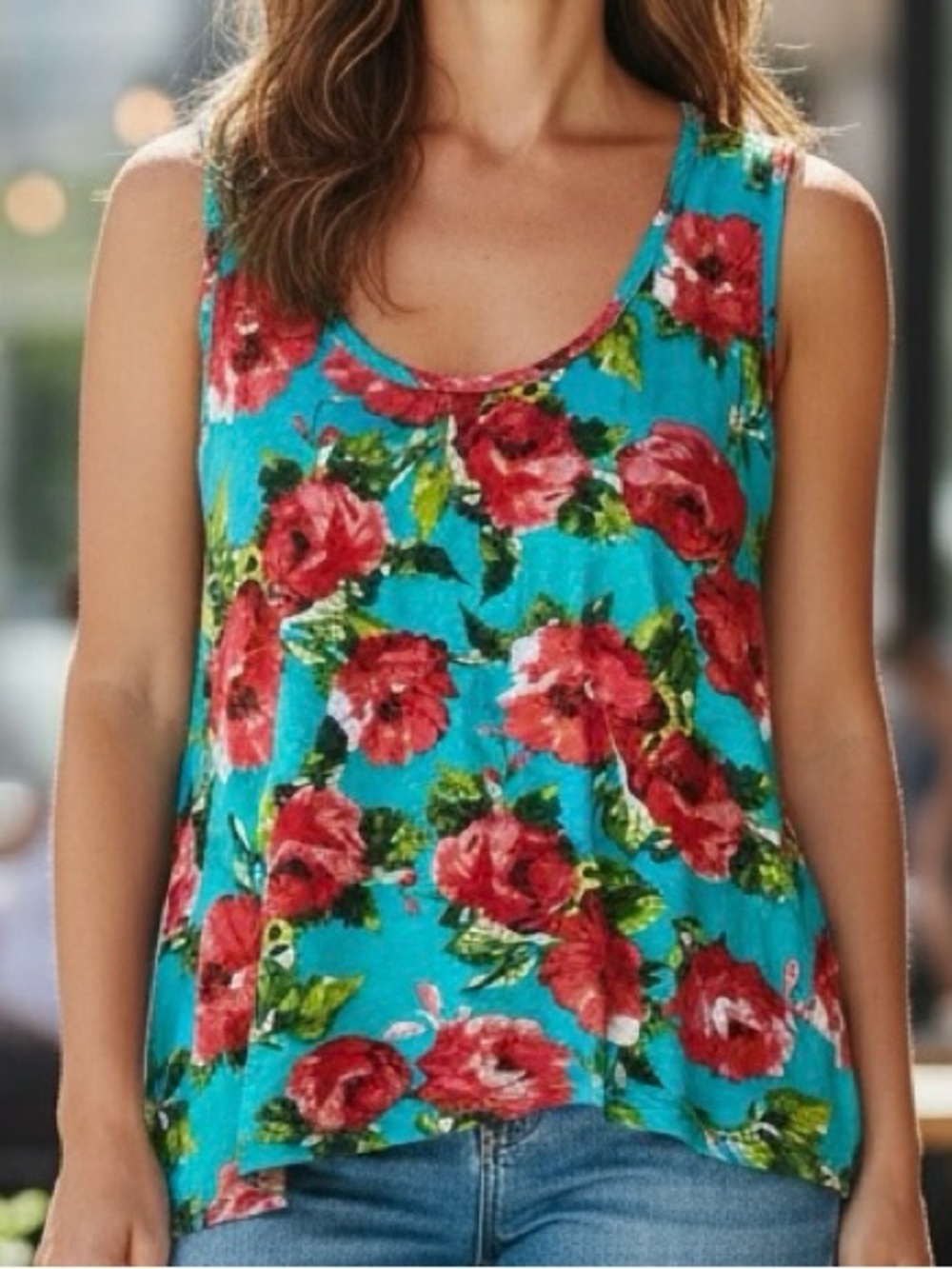 Absolute Angel Teal Floral Rose Print Tank Top Medium‎